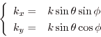 \begin{displaymath}
\left\{
\begin{array}{ll}
k_x= & k\sin\theta\sin\phi\\
k_y= & k\sin\theta\cos\phi\\
\end{array}\right.
\end{displaymath}
